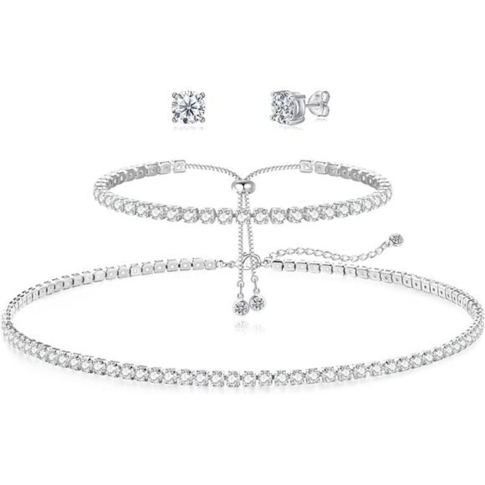 Tennis Necklace Bracelet for Women, Sterling Sliver, Dainty Chocker Necklace